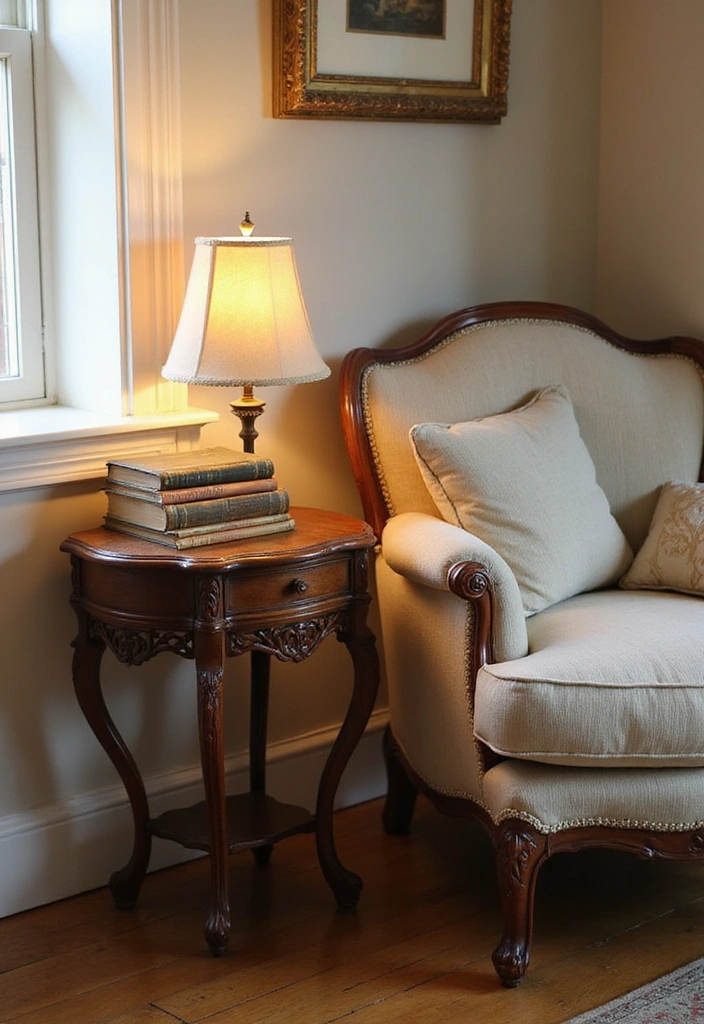25 Shabby Chic Living Room Decor Ideas That'll Make You Want to Curl Up with a Good Book! - 12. Antique Side Tables