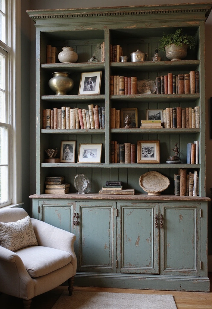 25 Shabby Chic Living Room Decor Ideas That'll Make You Want to Curl Up with a Good Book! - 14. Vintage Bookshelves