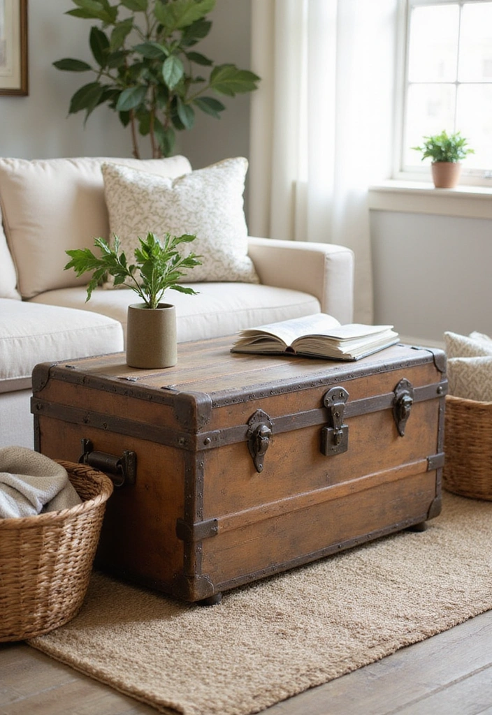 25 Shabby Chic Living Room Decor Ideas That'll Make You Want to Curl Up with a Good Book! - 7. Vintage Trunks and Baskets