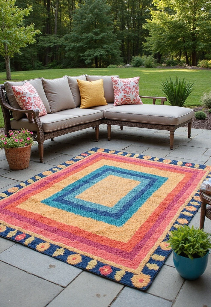 18 Stunning Outdoor Furniture Ideas That Will Transform Your Patio (You Won't Believe #5!) - 14. Bold Colorful Outdoor Rugs