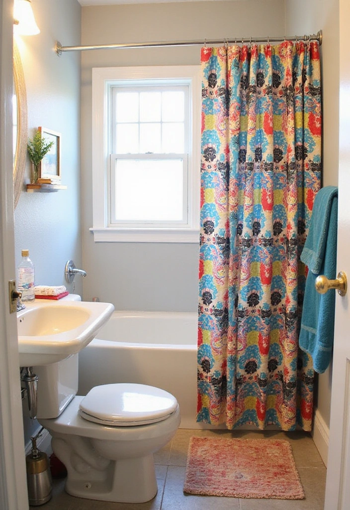 19 Small Bathroom Ideas to Maximize Your Space (Tip #11 Is Genius!) - 16. Choose a Statement Shower Curtain