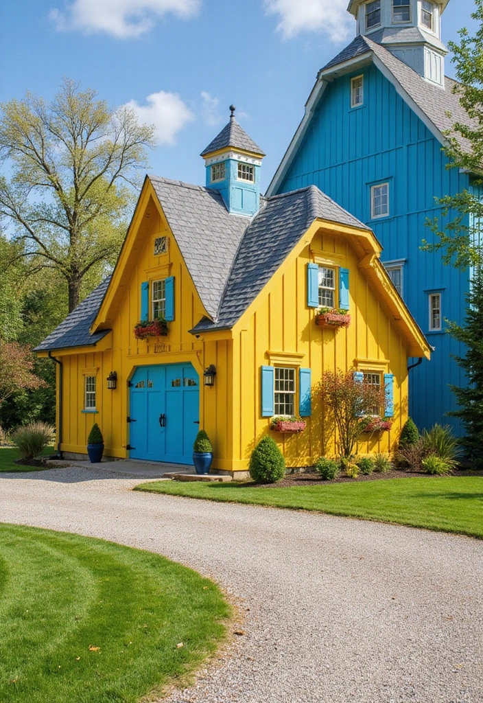 15 Stunning Barndominium Exteriors That'll Make Your Neighbors Envious! - 10. Bright and Cheerful Colors