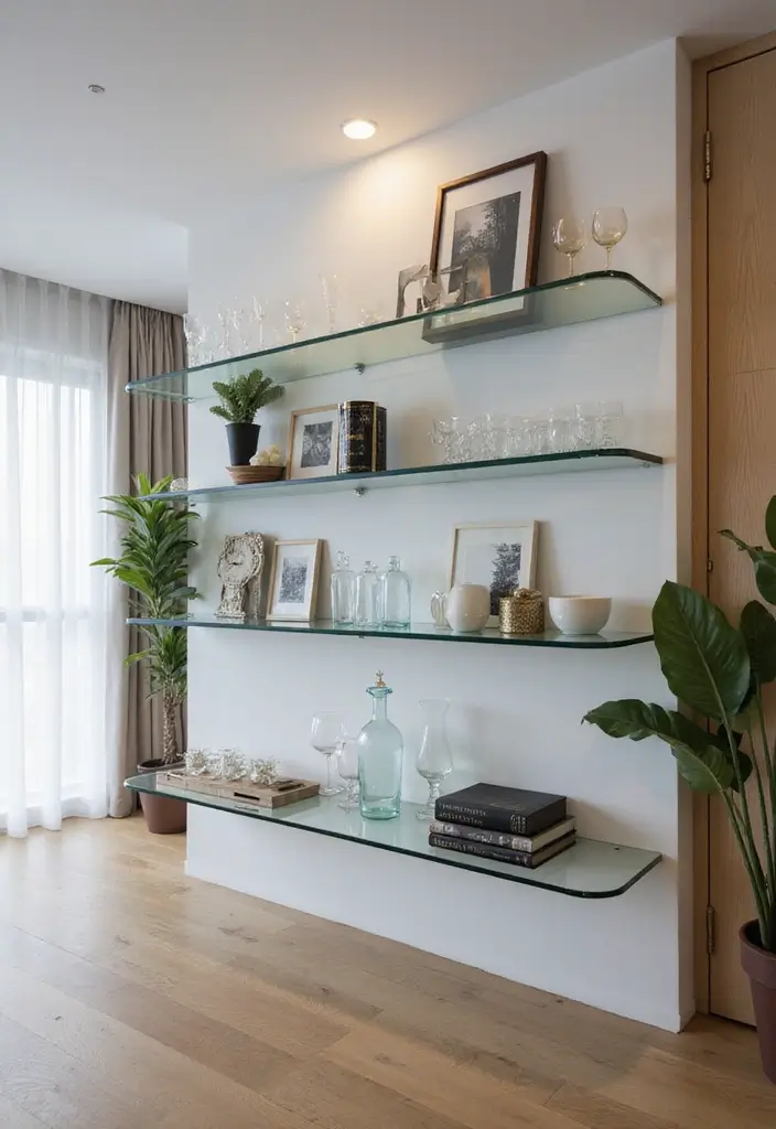 10 Stunning Floating Shelf Ideas to Elevate Your Home Decor (You Won't Believe #5!) - 8. Glass Glamour