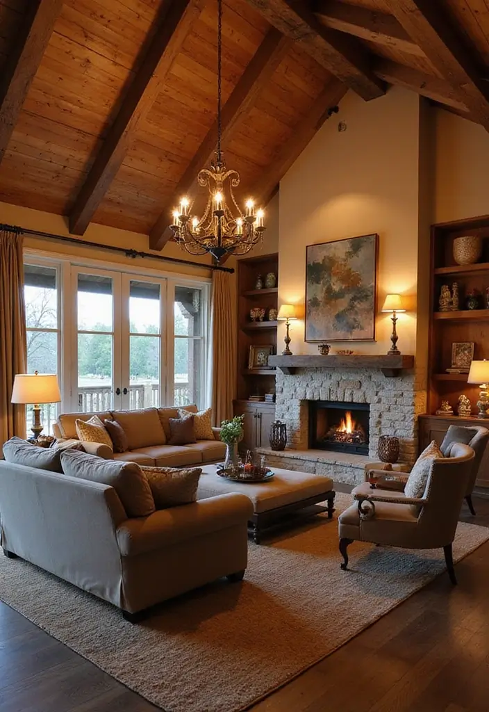 20 Barndominium Living Room Ideas That'll Make You Want to Cozy Up Right Now! - 12. Cozy Layered Lighting