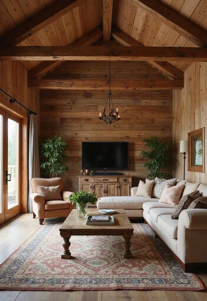 20 Barndominium Living Room Ideas That'll Make You Want to Cozy Up Right Now! - 14. Rustic Wood Features
