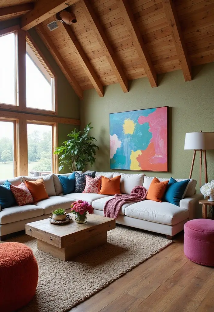 20 Barndominium Living Room Ideas That'll Make You Want to Cozy Up Right Now! - 7. Bold Color Palettes