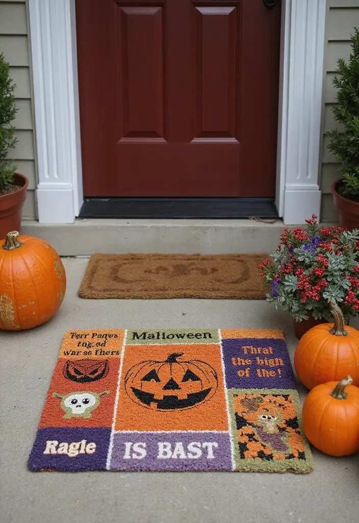 25 Spooktacular Halloween Porch Ideas That'll Make Your Neighbors Scream 'WOW!' - 12. Themed Doormats