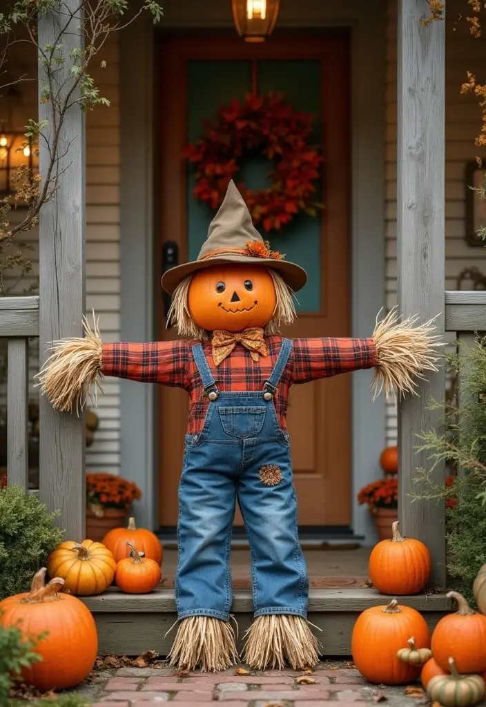 25 Spooktacular Halloween Porch Ideas That'll Make Your Neighbors Scream 'WOW!' - 15. Scarecrow Guests