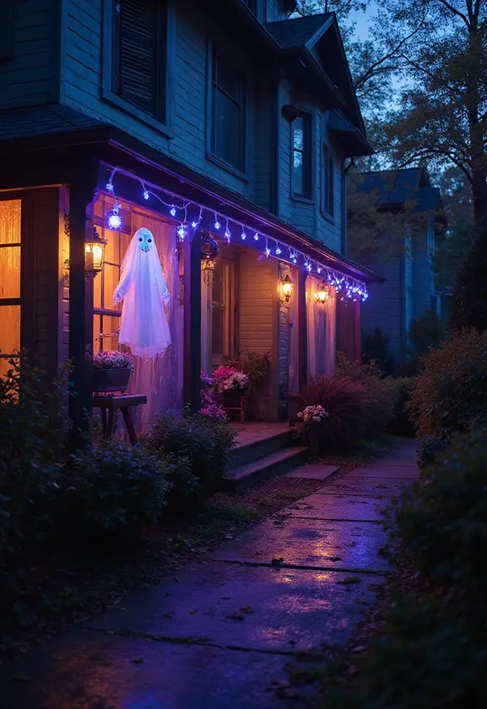 25 Spooktacular Halloween Porch Ideas That'll Make Your Neighbors Scream 'WOW!' - 19. Ghostly Lights