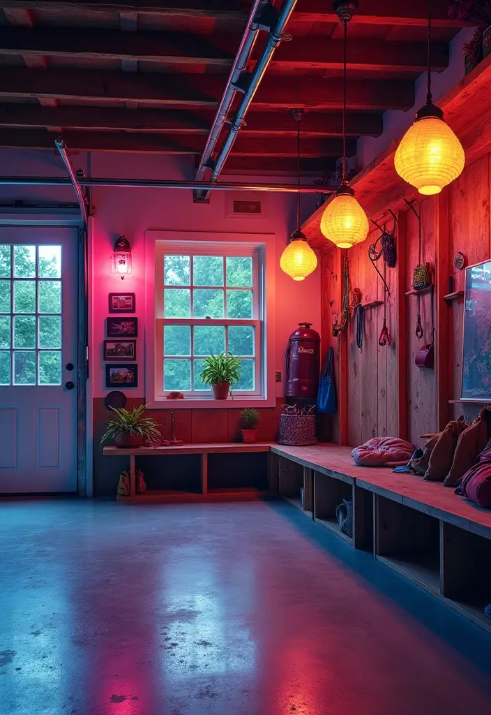 20 Ideas de Mudroom que Transformarán Tu Garaje en un Espacio de Ensueño (¡No Creerás la #8!) - 17. Mudroom con Iluminación Creativa