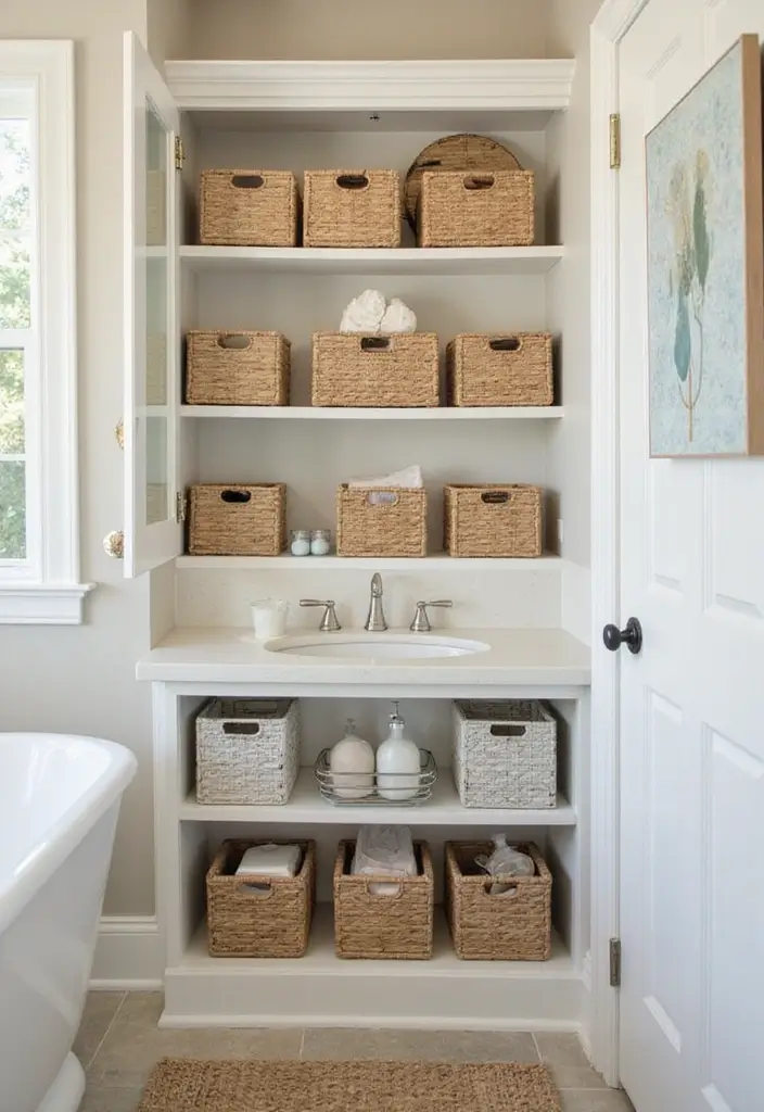 25 Stunning Bathroom Makeovers Under $300 (Get Inspired by #12!) - 23. Stylish Storage Solutions