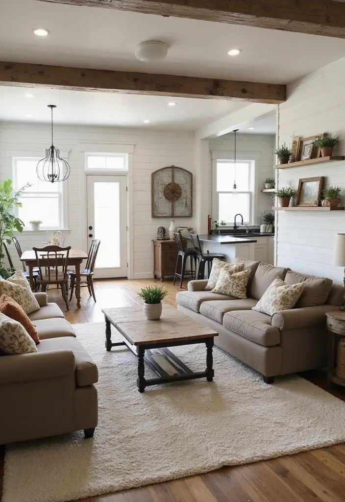 14 Incredible Open Floor Plan Living Room & Kitchen Layouts That Maximize Space (You Won't Believe #5!) - 1. The Cozy Farmhouse Feel