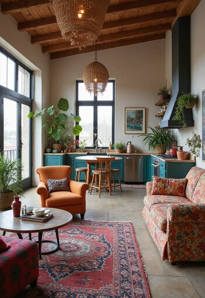 14 Incredible Open Floor Plan Living Room & Kitchen Layouts That Maximize Space (You Won't Believe #5!) - 7. Eclectic Bohemian Flair