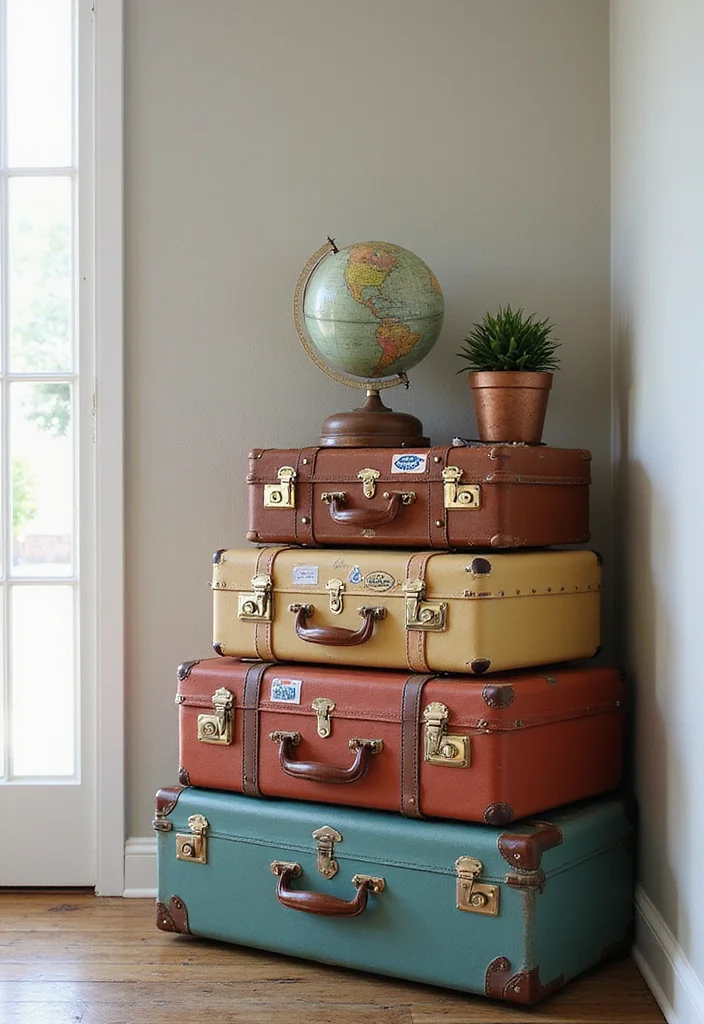 25 Vintage Wall Decor Ideas That Will Transform Your Space Into a Retro Wonderland! - 14. Vintage Suitcases as Wall Decor 1