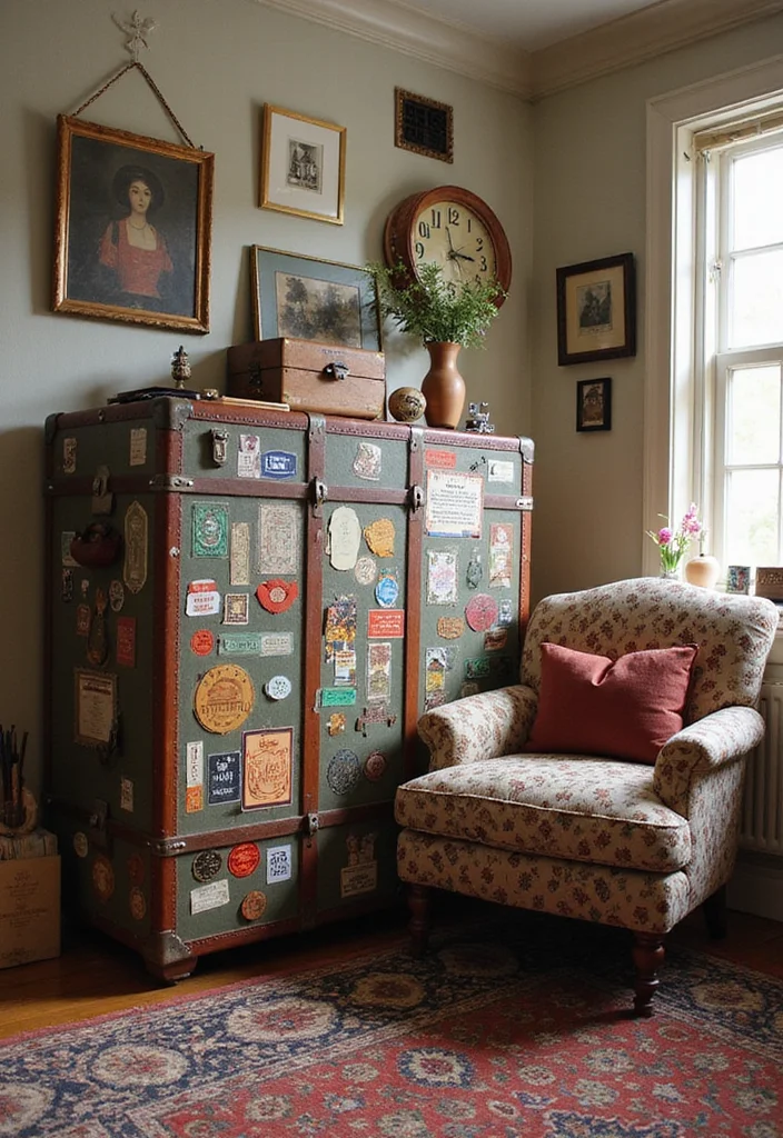 25 Vintage Wall Decor Ideas That Will Transform Your Space Into a Retro Wonderland! - 17. Vintage Travel Trunks 1