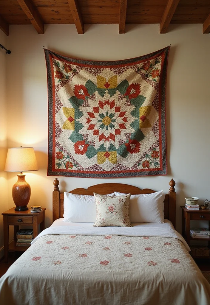 25 Vintage Wall Decor Ideas That Will Transform Your Space Into a Retro Wonderland! - 21. Vintage Quilts on Display 1