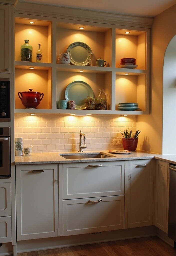 21 Open Kitchen Shelf Designs That Are Both Stylish and Practical (Don’t Miss #7!) - 12. Open Shelves with Lighting 1