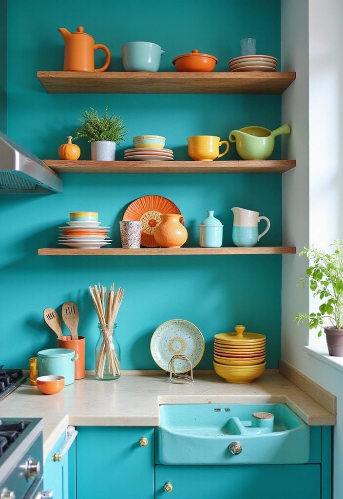 21 Open Kitchen Shelf Designs That Are Both Stylish and Practical (Don’t Miss #7!) - 16. Open Shelves with Colorful Backdrops 1
