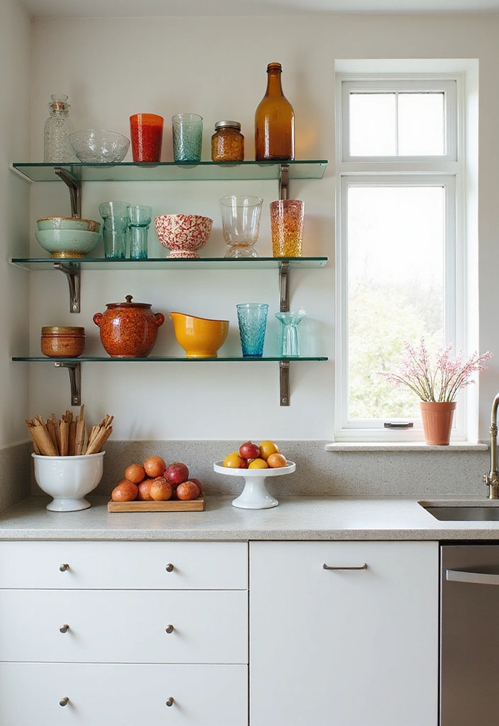 21 Open Kitchen Shelf Designs That Are Both Stylish and Practical (Don’t Miss #7!) - 8. Glass Shelves 1