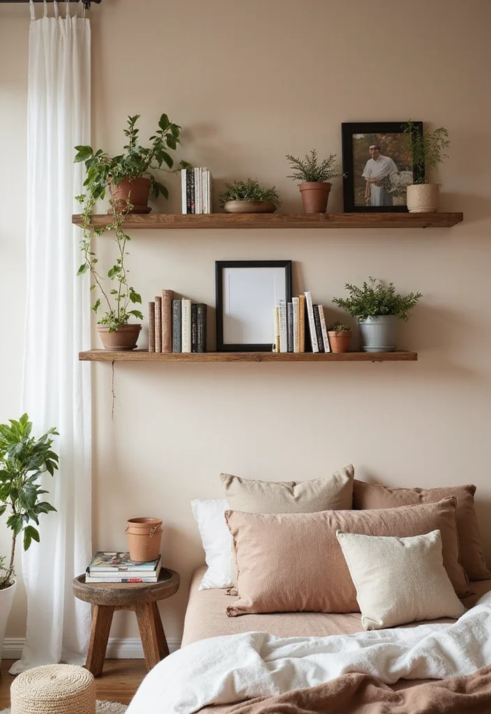 15 Earthy Cozy Bedroom Ideas That'll Make You Want to Snuggle Up Forever! - 13. Floating Shelves 1