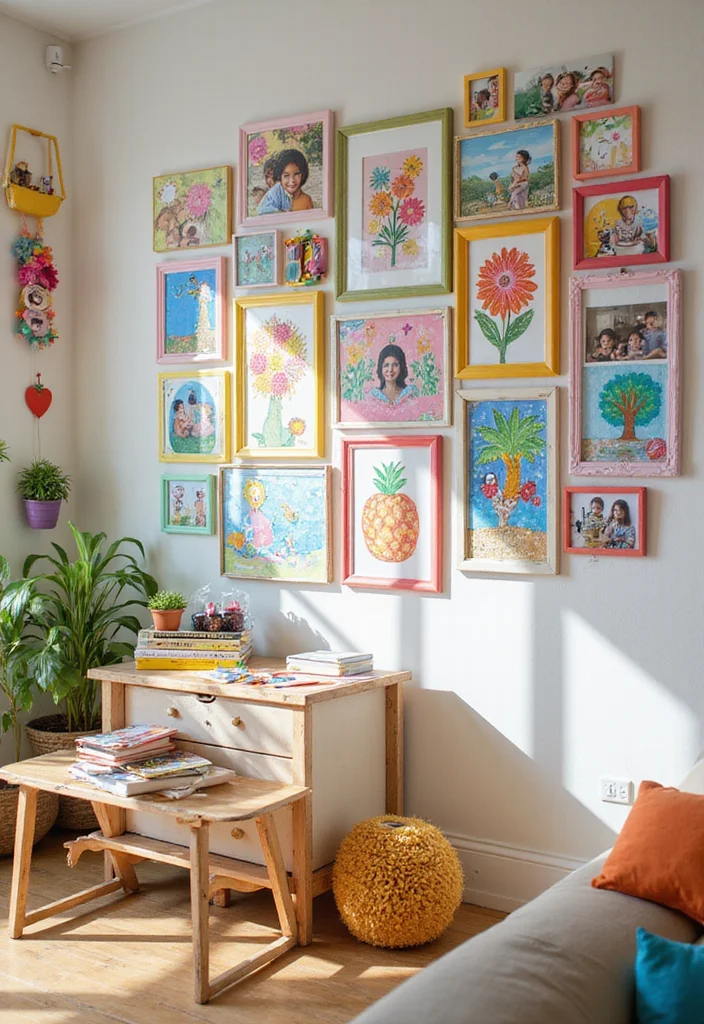 25 Stunning Photo Wall Concepts That'll Transform Your Space (You'll Want to Copy #12!) - 21. The Kids’ Art and Photo Collage 1