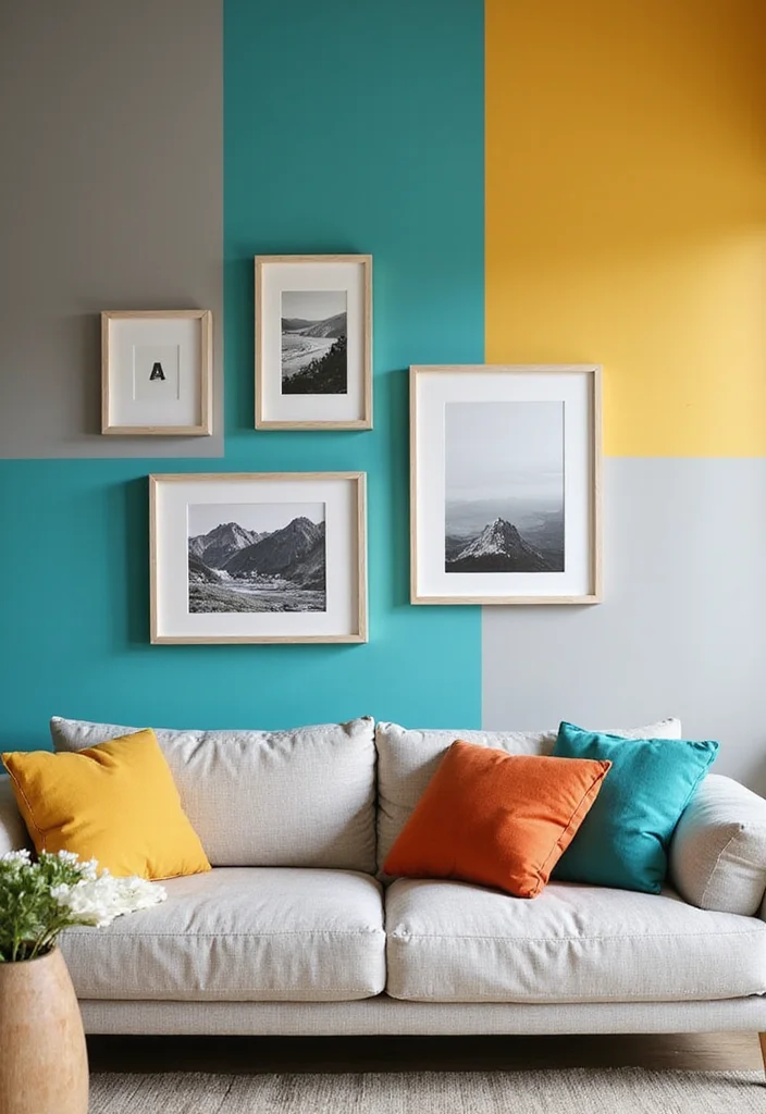 25 Stunning Photo Wall Concepts That'll Transform Your Space (You'll Want to Copy #12!) - 4. The Color Blocked Wall 1