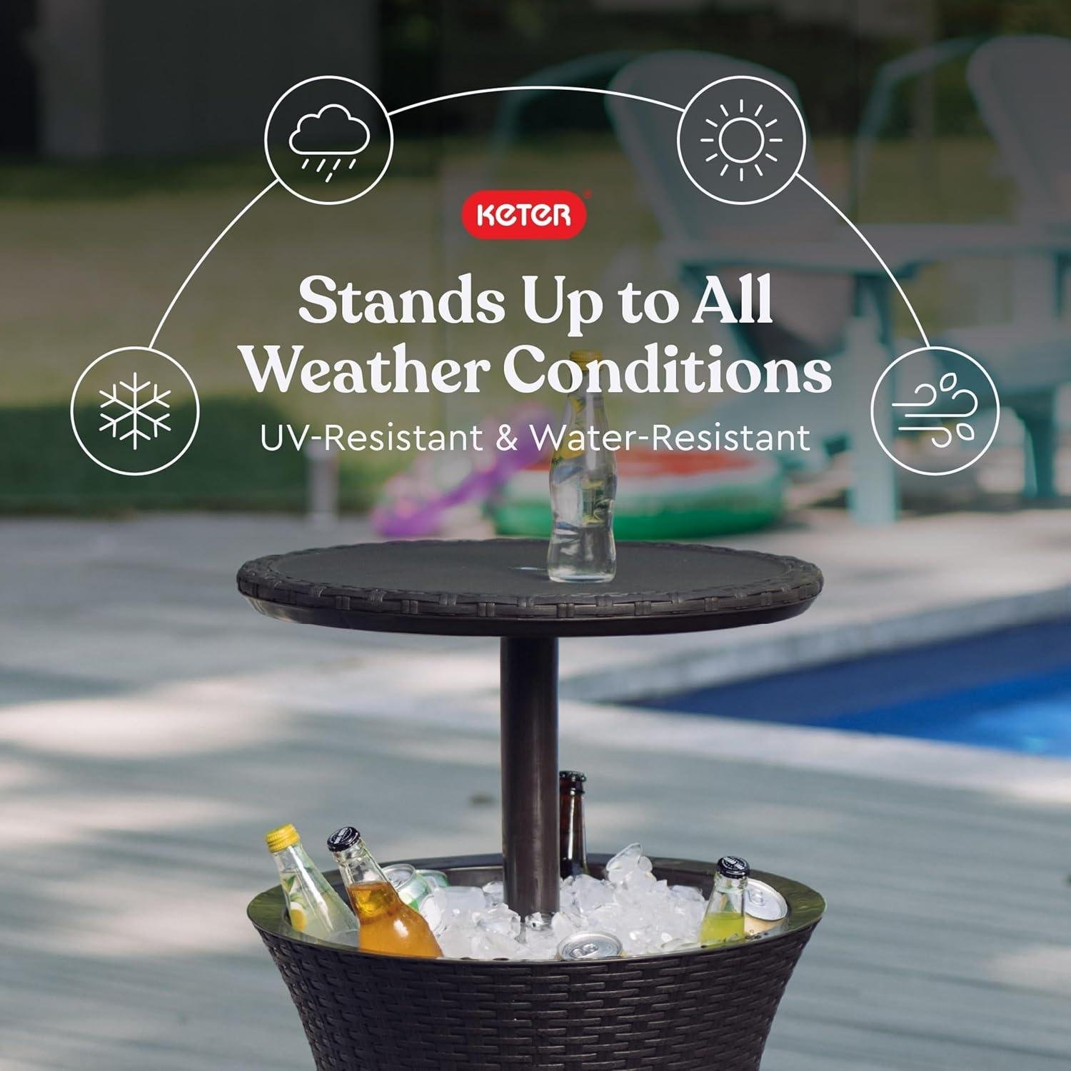 <p><strong>I Tried the Keter Cool Bar: Patio Table + Cooler</strong></p><p>“></p><p>In the hand, the espresso-brown shell reads like woven rattan at a glance, but as a woodworker I can tell it’s a <strong>thick, molded resin</strong> with a intentional woodlike texture rather than true grain. The “weave” pattern has crisp definition and consistent depth—no fuzzy edges or thin spots—so it doesn’t feel cheap or overly glossy. Color tone is even across panels, and the surface has just enough micro-texture to hide everyday scuffs the way a medium-open grain species (think ash) can disguise handling marks better than a glass-smooth lacquer. It won’t fool anyone into thinking it’s walnut or teak up close,but it does a solid job of borrowing the visual warmth of stained wood without the upkeep that outdoor hardwoods demand.</p><ul><li><strong>Texture:</strong> convincing rattan/wood impression with uniform patterning</li><li><strong>Finish look:</strong> espresso brown with a low-sheen, “outdoor-pleasant” appearance</li><li><strong>Durability promise:</strong> weather-resistant resin designed to avoid rust, peeling, and denting</li></ul><table class=