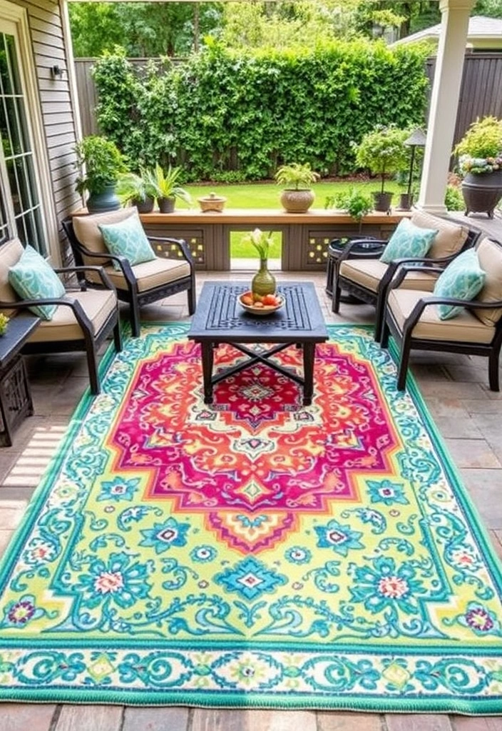 22 Patio Ideas So Cozy You Won't Want to Go Inside (Your Friends Will Love #7!) - 12. Outdoor Rug Oasis