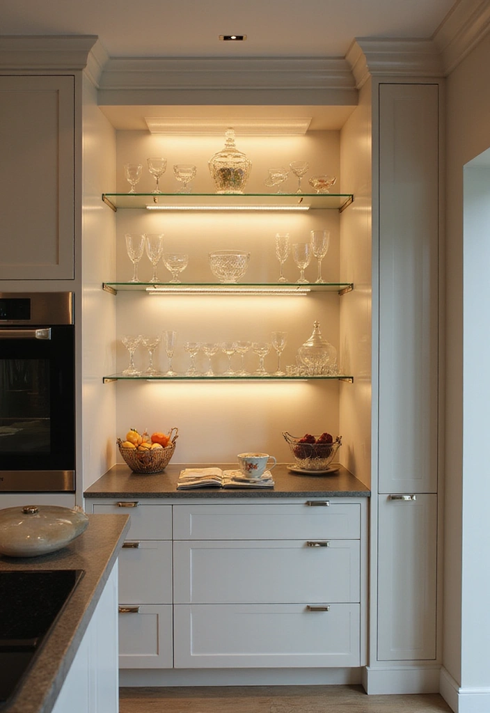10 Elegant Kitchen Shelf Ideas to Elevate Your Cooking Space (You’ll Love #4!) - 4. Elegant Glass Shelves