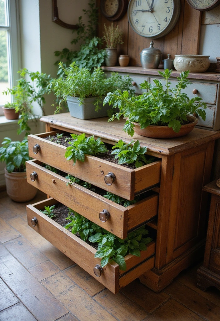 10 Stunning Herb Garden Layouts That Maximize Space and Style! - 9. Repurposed Furniture Herb Garden
