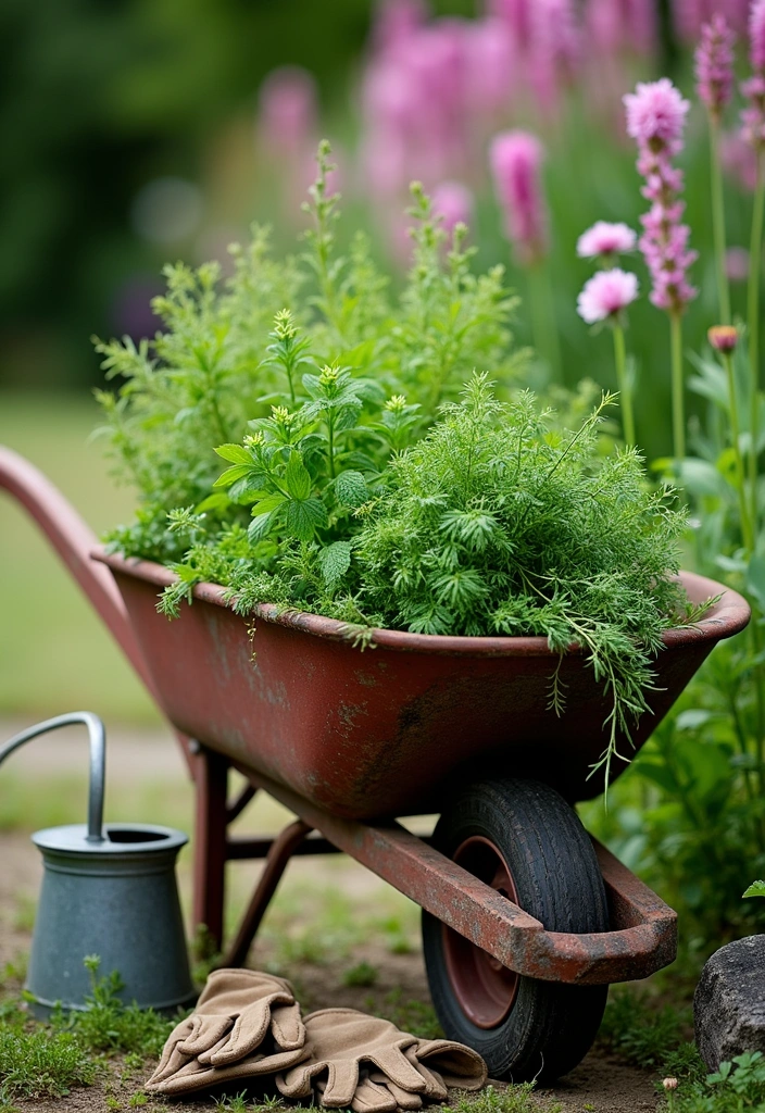 12 Fresh Herb Garden Ideas That Will Elevate Your Cooking Game! - 7. Herb Garden in a Wheelbarrow: Whimsical Touch
