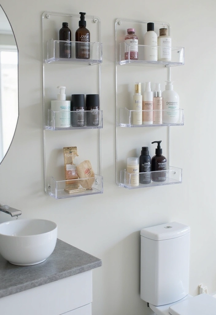 19 Creative Wall Storage Ideas for Small Bathrooms You’ll Love! - 10. Clear Acrylic Organizers for a Sleek Look