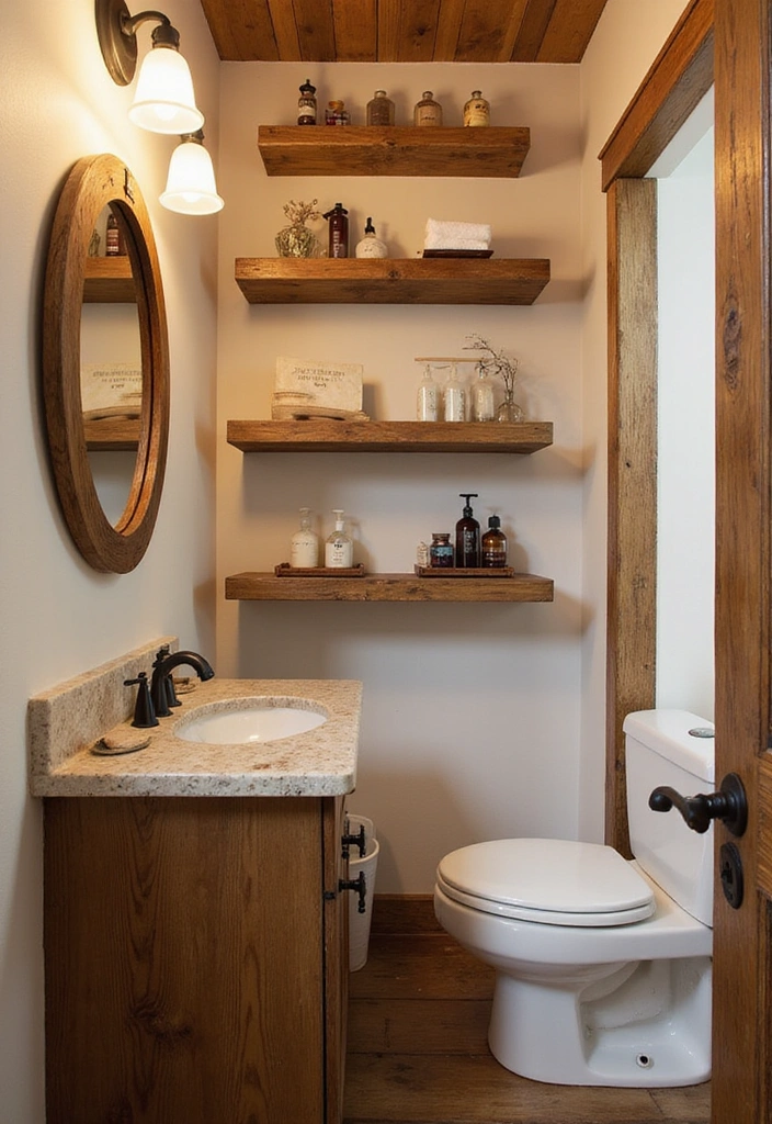 19 Creative Wall Storage Ideas for Small Bathrooms You’ll Love! - 15. Reclaimed Wood Shelves for Rustic Charm
