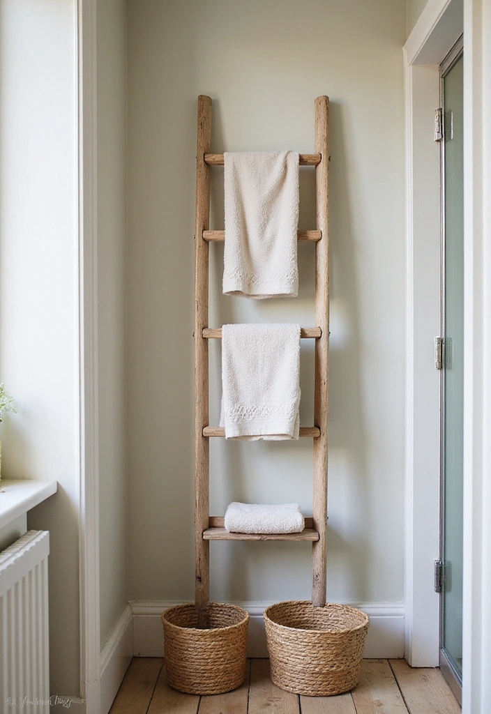19 Creative Wall Storage Ideas for Small Bathrooms You’ll Love! - 4. Vintage Ladder for Towel Storage