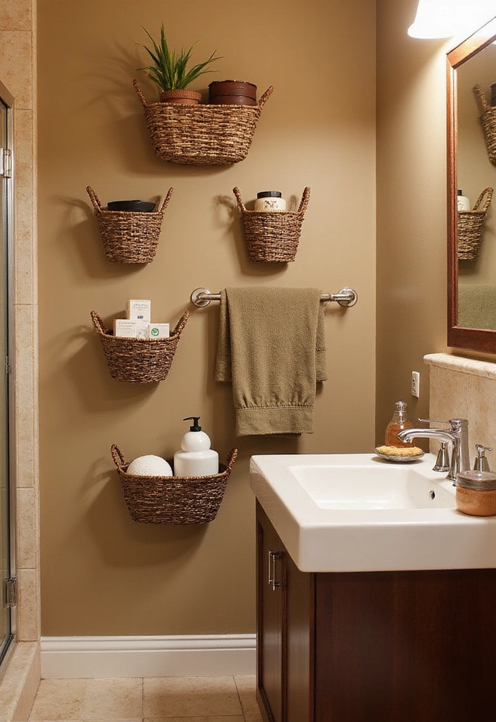 19 Creative Wall Storage Ideas for Small Bathrooms You’ll Love! - 6. Wall-Mounted Baskets for Easy Access
