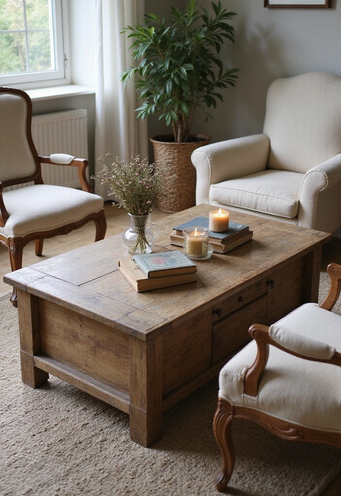 25 Shabby Chic Living Room Decor Ideas That'll Make You Want to Curl Up with a Good Book! - 2. Distressed Wooden Coffee Table