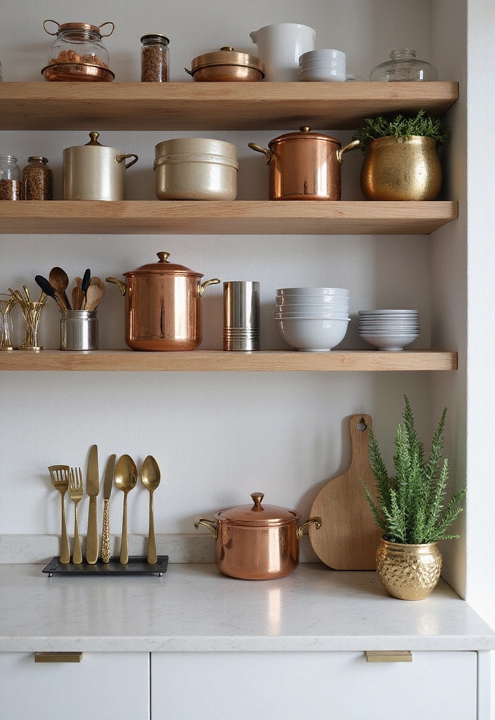 21 Stunning Kitchen Shelf Decor Ideas That'll Make You Want to Redecorate Right Now! - 11. Mixing Metals for Modern Appeal