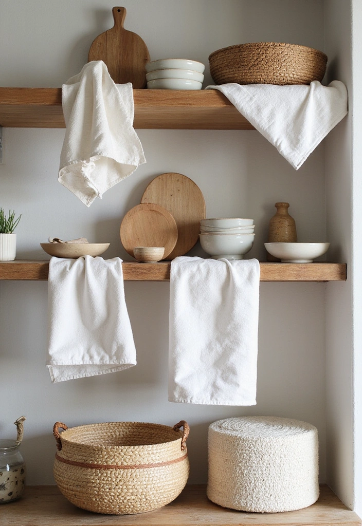 21 Stunning Kitchen Shelf Decor Ideas That'll Make You Want to Redecorate Right Now! - 12. Chic and Cozy with Textured Fabrics