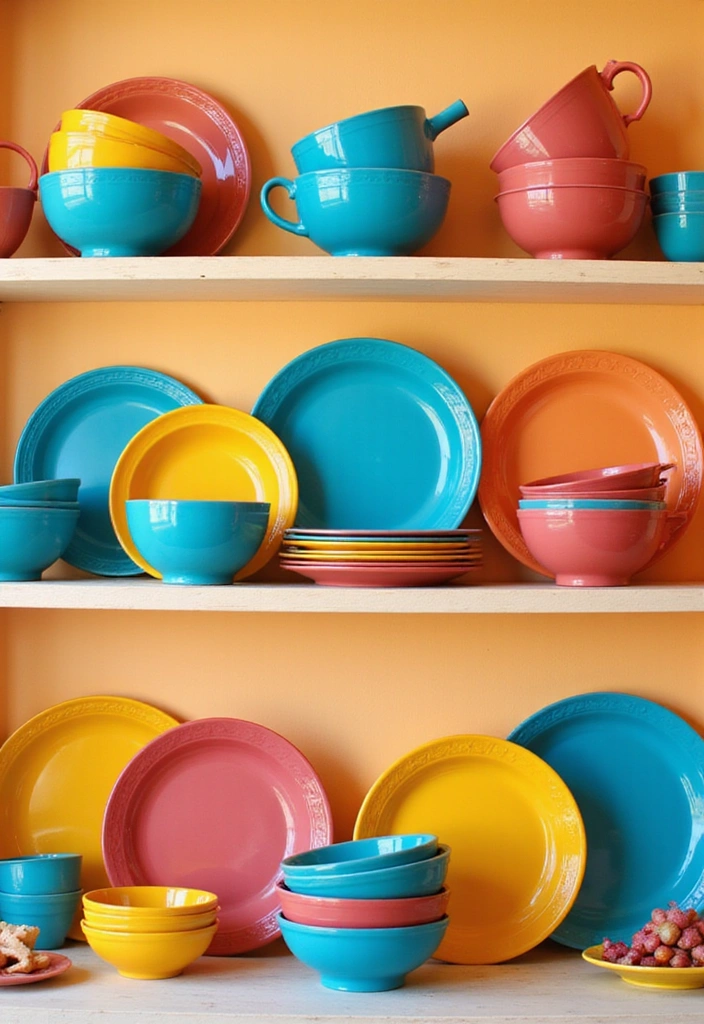 21 Stunning Kitchen Shelf Decor Ideas That'll Make You Want to Redecorate Right Now! - 17. Brighten Up with Colorful Dishes