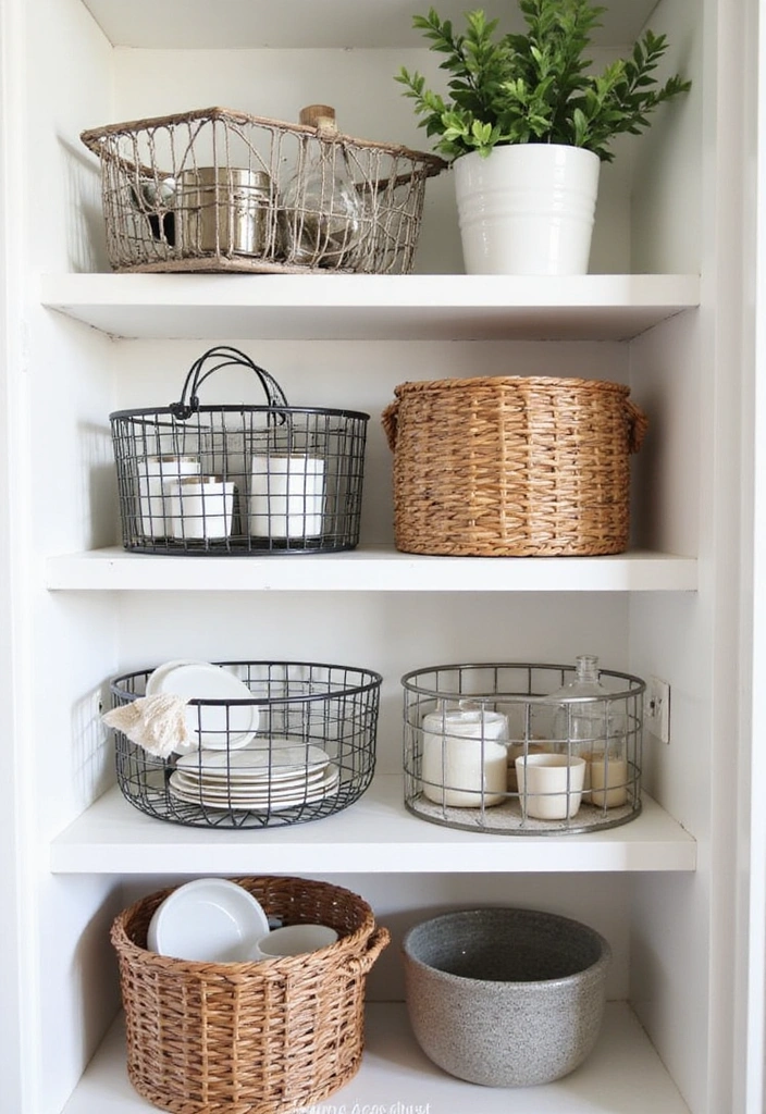 21 Stunning Kitchen Shelf Decor Ideas That'll Make You Want to Redecorate Right Now! - 7. Functional Decor with Stylish Storage Baskets