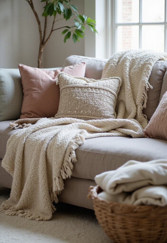 15 Cozy Farmhouse Living Room Ideas That'll Make You Want to Snuggle Up! - 1. Layered Textiles for Ultimate Comfort