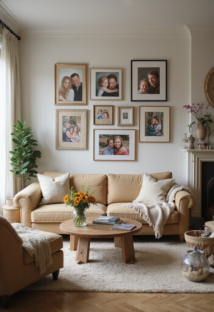 15 Cozy Farmhouse Living Room Ideas That'll Make You Want to Snuggle Up! - 7. Family Photos and Personal Touches