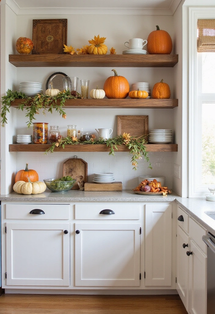15 Stunning Kitchen Shelves That Will Transform Your Cooking Space! - 14. Seasonal Decorating with Open Shelves