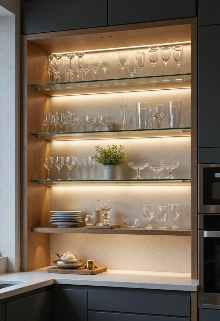 15 Stunning Kitchen Shelves That Will Transform Your Cooking Space! - 6. Glass Shelves for a Light and Airy Feel
