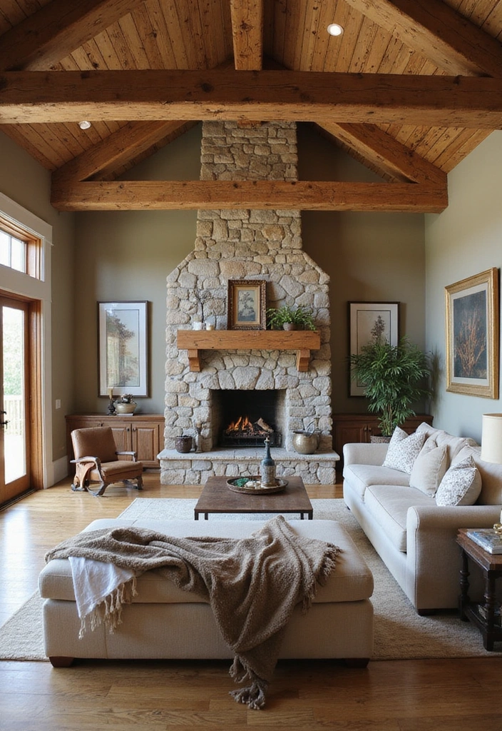 21 Cozy Living Room Barndominium Interiors That'll Make You Want to Curl Up Right Now! - 1. Rustic Wood Beams and Stone Accents