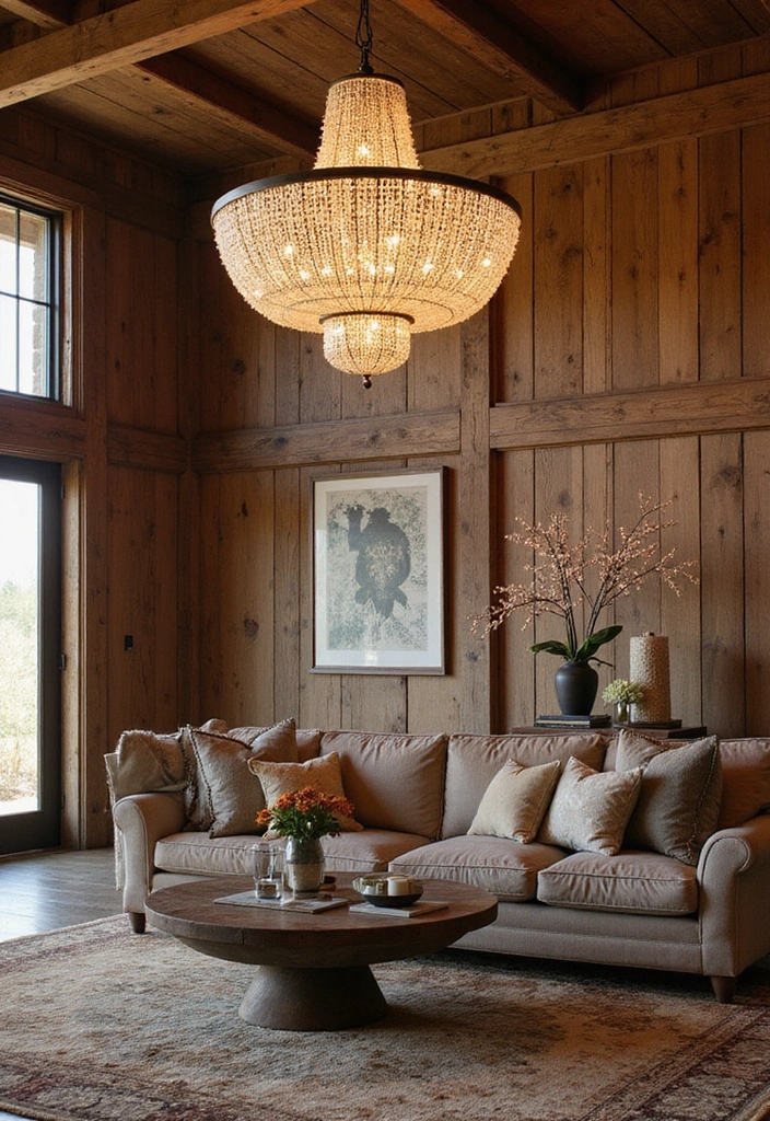 21 Cozy Living Room Barndominium Interiors That'll Make You Want to Curl Up Right Now! - 14. Statement Lighting Fixtures