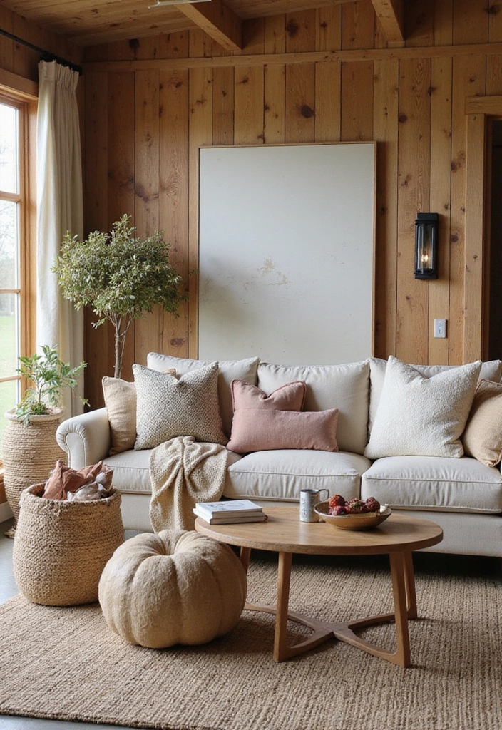 21 Cozy Living Room Barndominium Interiors That'll Make You Want to Curl Up Right Now! - 17. Seasonal Decor Swaps