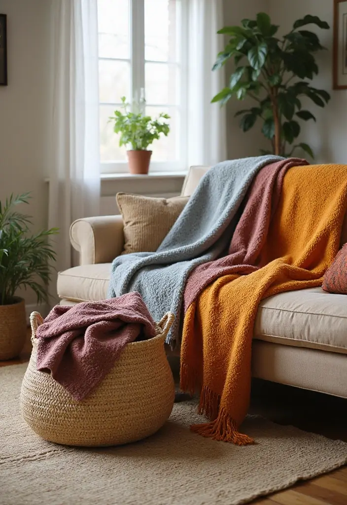 15 Cozy Living Room Decor Ideas That'll Make You Want to Snuggle Up Forever! - 10. Use Throw Blankets Creatively