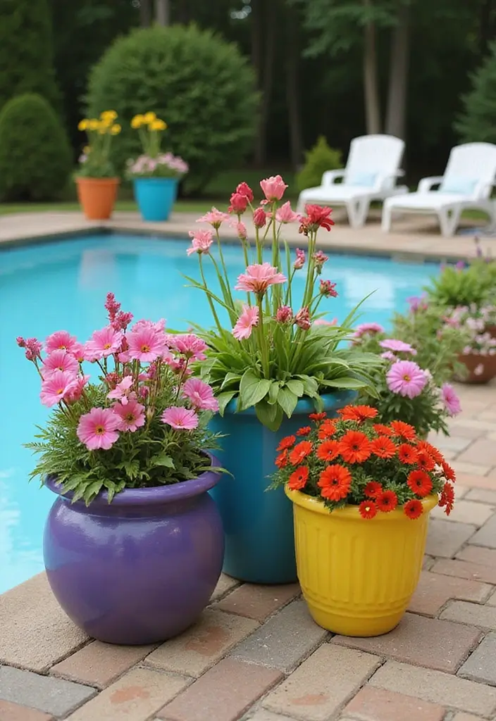 15 DIY Pool Patio Decor Ideas You'll Wish You Knew Sooner! - 15. Colorful Poolside Planters
